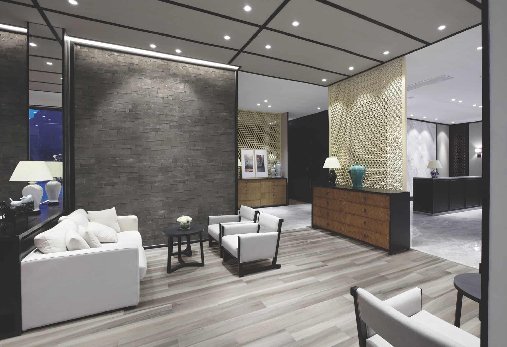 Natural ledgerstone tile wall in a lobby