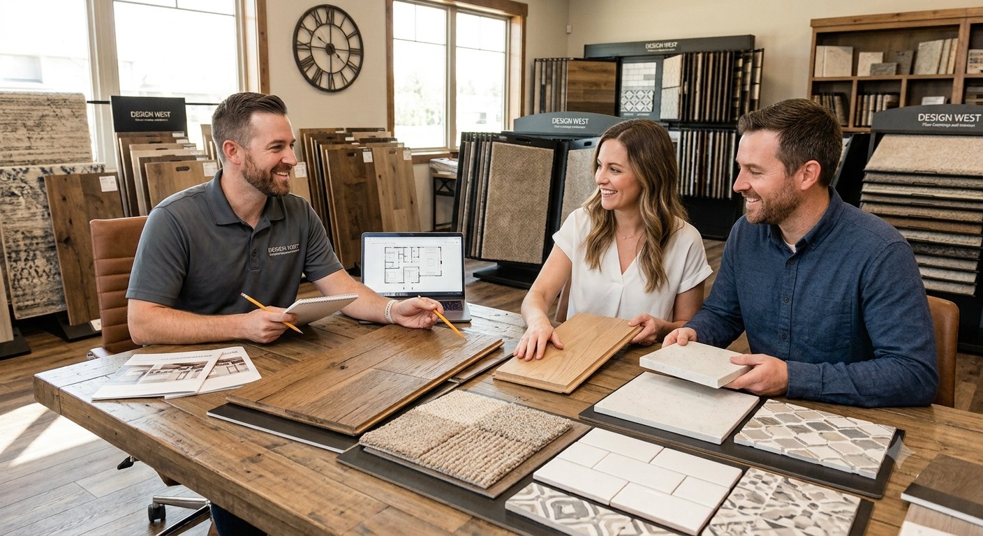 Design West team member reviewing floor plans and material samples with clients in the Orem showroom